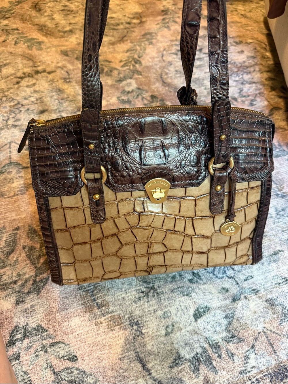 Women's Two-Tone Croc-Embossed Tote Bag in Brown and Tan